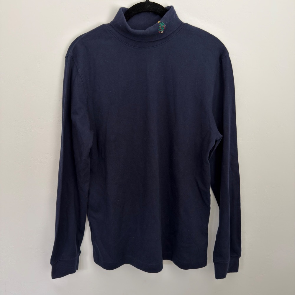 Basic Editions Holiday Navy Blue Turtleneck Christmas Tree Embroidered Top M